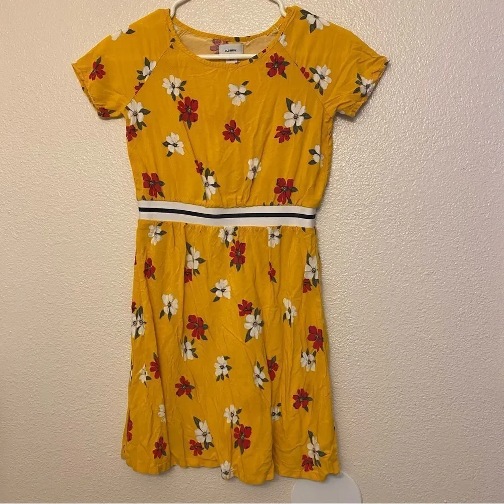 Old navy girls blue yellow Floral short sleeve rayon dress bundle set L 10/12